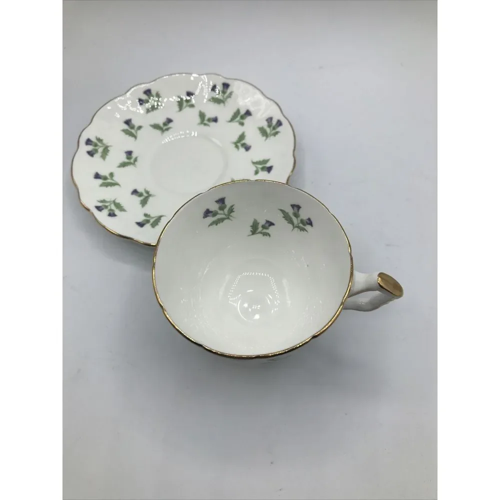 Aynsley Cup & Saucer Fine Bone China Footed w Purple Flowers Gold Trim‎